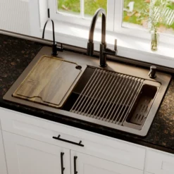 Karran 33" Drop In Quartz Composite Workstation Kitchen Sink, Brown, QTWS-875-BR-PK2