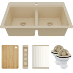 Karran 33" Drop In Quartz Composite Workstation Kitchen Sink, 50/50 Double Bowl, Bisque, QTWS-880-BI-PK2