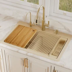 Karran 33" Drop In Quartz Composite Workstation Kitchen Sink, 50/50 Double Bowl, Bisque, QTWS-880-BI-PK2