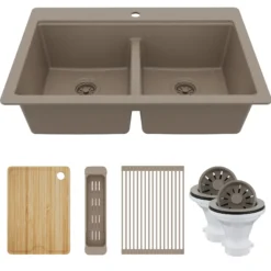 Karran 33" Drop In Quartz Composite Workstation Kitchen Sink, 50/50 Double Bowl, Concrete, QTWS-880-CN-PK2