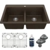 Karran 33" Drop In/Topmount Quartz Composite Kitchen Sink with Accessories, 50/50 Double Bowl, Brown, QT-810-BR-PK1