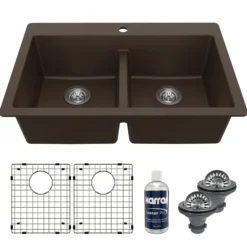Karran 33" Drop In/Topmount Quartz Composite Kitchen Sink with Accessories, 50/50 Double Bowl, Brown, QT-810-BR-PK1