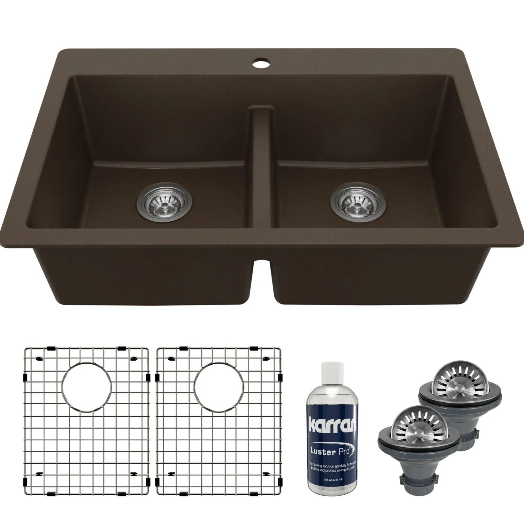 Karran 33" Drop In/Topmount Quartz Composite Kitchen Sink with Accessories, 50/50 Double Bowl, Brown, QT-810-BR-PK1