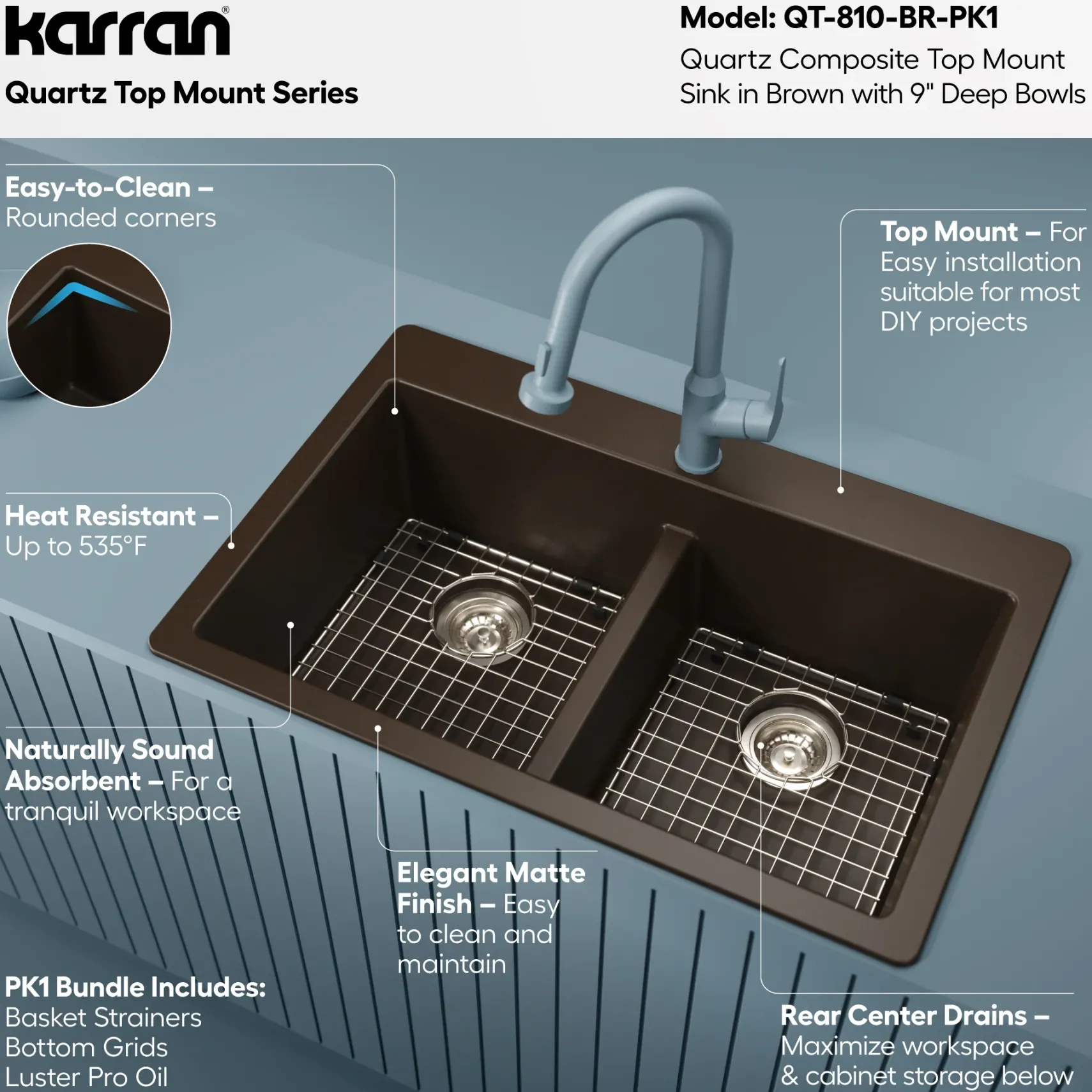 Karran 33" Drop In/Topmount Quartz Composite Kitchen Sink with Accessories, 50/50 Double Bowl, Brown, QT-810-BR-PK1
