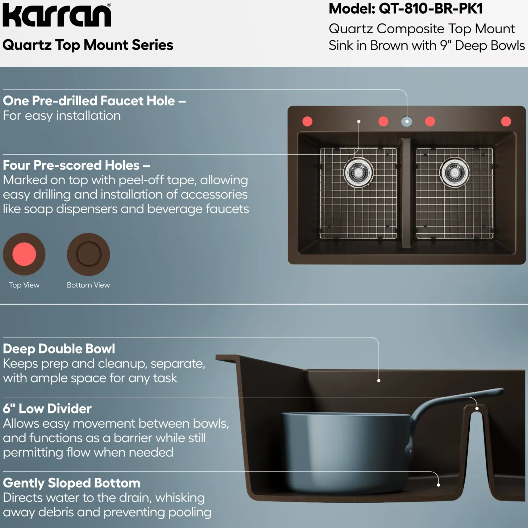 Karran 33" Drop In/Topmount Quartz Composite Kitchen Sink with Accessories, 50/50 Double Bowl, Brown, QT-810-BR-PK1