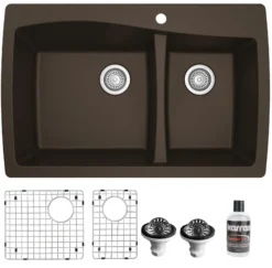 Karran 34" Drop In/Topmount Quartz Composite Kitchen Sink with Accessories, 60/40 Double Bowl, Brown, QT-721-BR-PK1