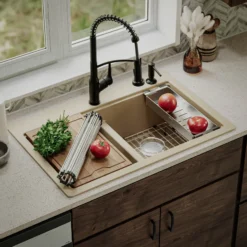 Karran 33" Drop In/Topmount Quartz Composite Kitchen Sink, 50/50 Double Bowl, Bisque, QTWS-880-BI