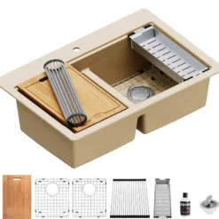 Karran 33" Drop In/Topmount Quartz Composite Kitchen Sink, 50/50 Double Bowl, Bisque, QTWS-880-BI