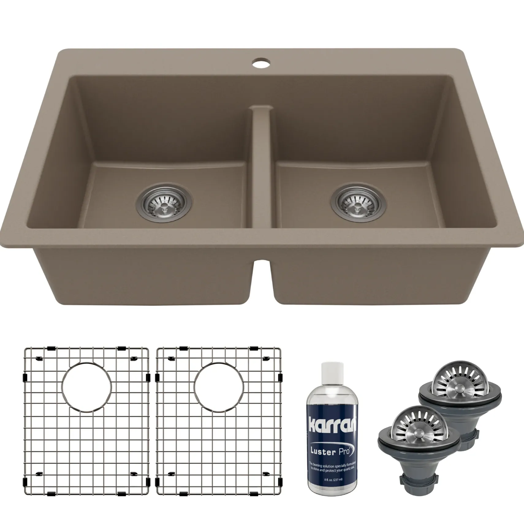 Karran 33" Drop In/Topmount Quartz Composite Kitchen Sink with Accessories, 50/50 Double Bowl, Concrete, QT-810-CN-PK1