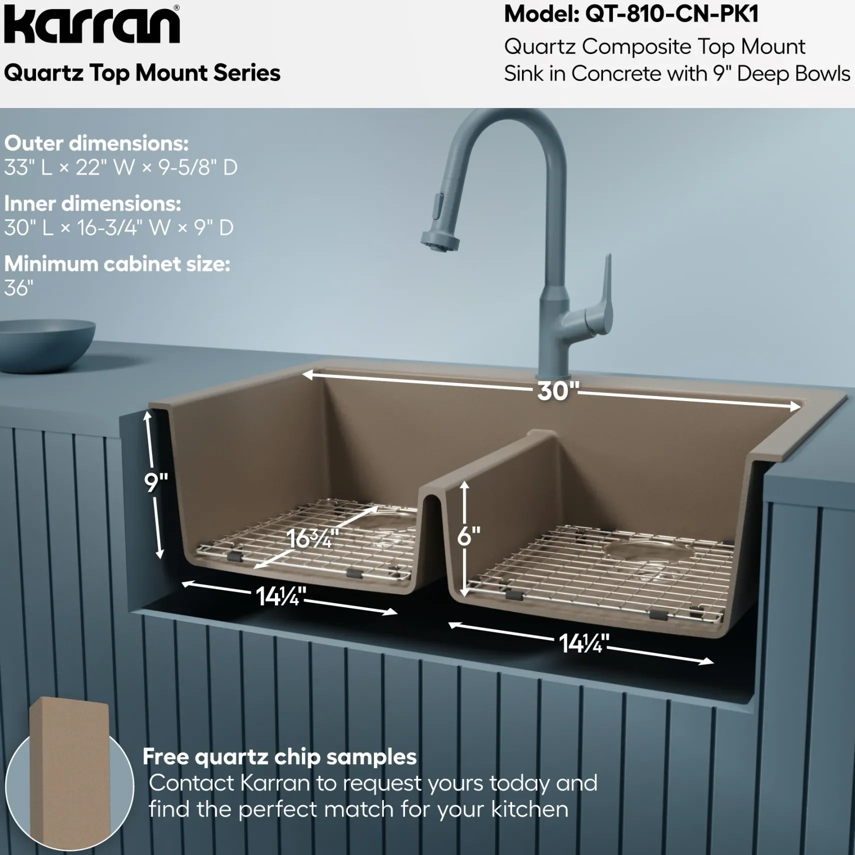 Karran 33" Drop In/Topmount Quartz Composite Kitchen Sink with Accessories, 50/50 Double Bowl, Concrete, QT-810-CN-PK1
