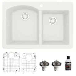 Karran 33" Drop In/Topmount Quartz Composite Kitchen Sink, 60/40 Double Bowl, White, QT-610-WH-PK1