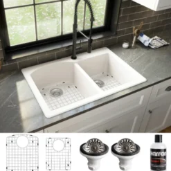 Karran 33" Drop In/Topmount Quartz Composite Kitchen Sink, 60/40 Double Bowl, White, QT-610-WH-PK1