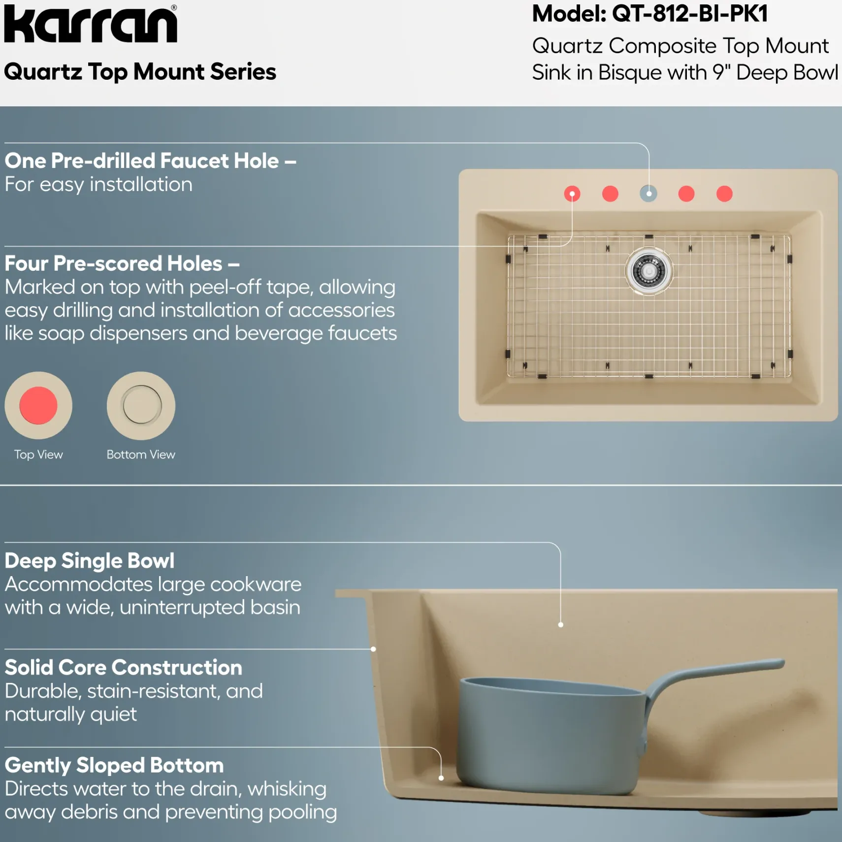 Karran 33" Drop In/Topmount Quartz Composite Kitchen Sink with Accessories, Bisque, QT-812-BI-PK1