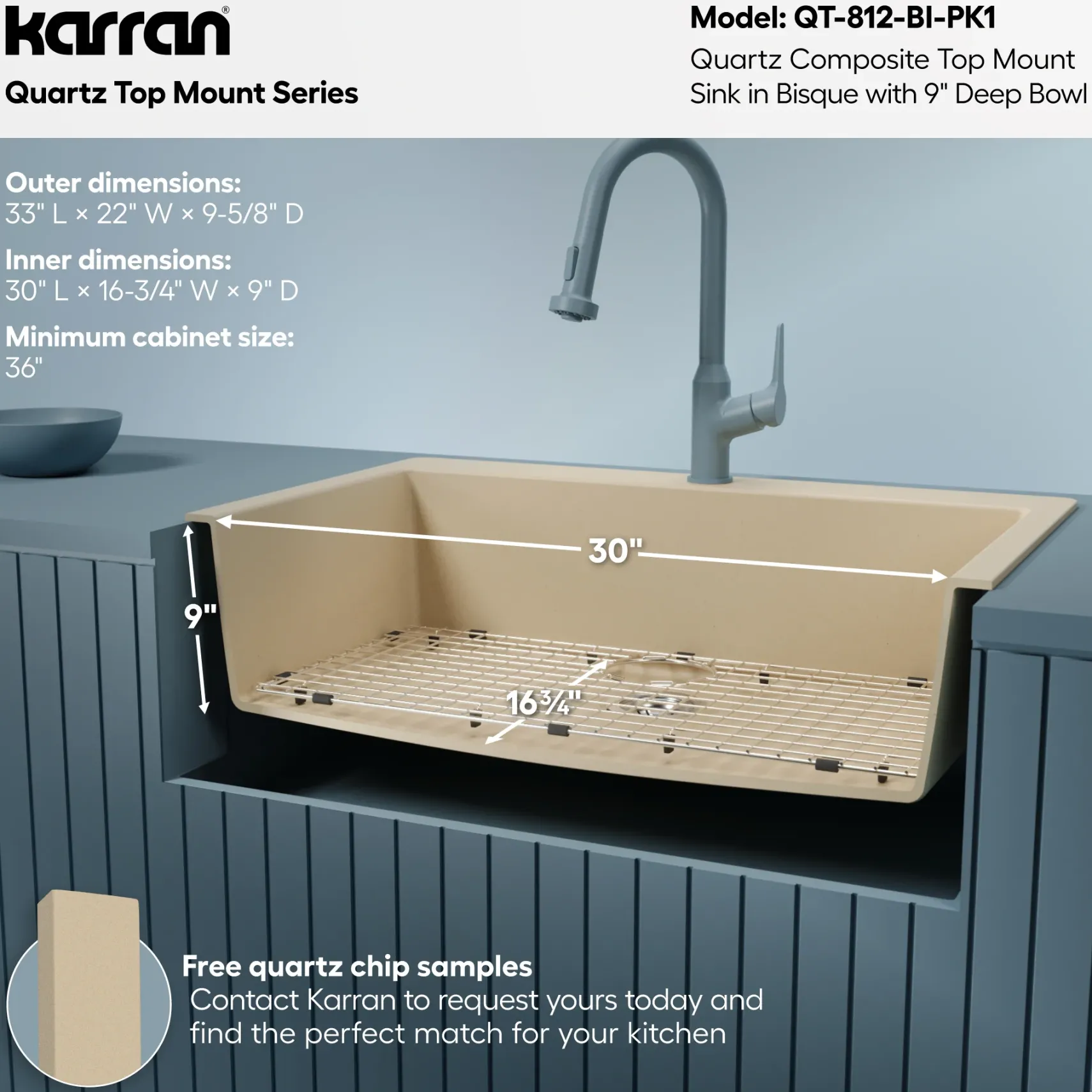 Karran 33" Drop In/Topmount Quartz Composite Kitchen Sink with Accessories, Bisque, QT-812-BI-PK1