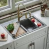 Karran 33" Drop In/Topmount Quartz Composite Kitchen Sink, 50/50 Double Bowl, Grey, QTWS-880-GR