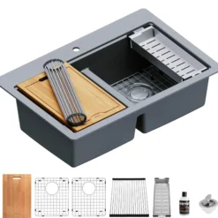 Karran 33" Drop In/Topmount Quartz Composite Kitchen Sink, 50/50 Double Bowl, Grey, QTWS-880-GR