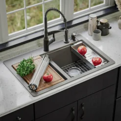 Karran 33" Drop In/Topmount Quartz Composite Kitchen Sink, 50/50 Double Bowl, Concrete, QTWS-880-CN