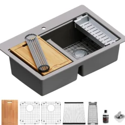 Karran 33" Drop In/Topmount Quartz Composite Kitchen Sink, 50/50 Double Bowl, Concrete, QTWS-880-CN