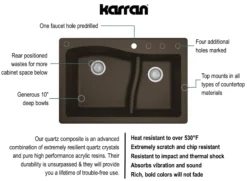 Karran 33" Drop In/Topmount Quartz Composite Kitchen Sink, 60/40 Double Bowl, Brown, QT-630-BR