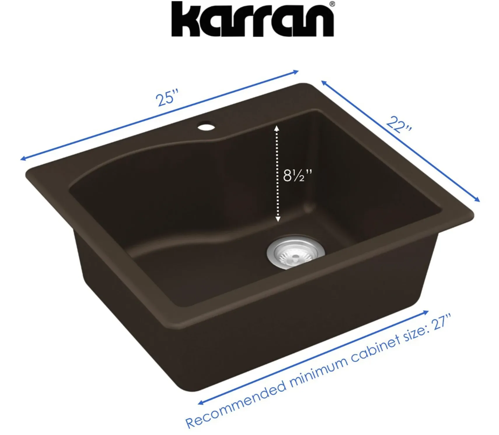 Karran 25" Drop In/Topmount Quartz Composite Kitchen Sink, Brown, QT-671-BR-PK1