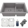Karran 33" Drop In/Topmount Quartz Composite Kitchen Sink with Accessories, 60/40 Double Bowl, Grey, QT-811-GR-PK1