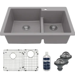 Karran 33" Drop In/Topmount Quartz Composite Kitchen Sink with Accessories, 60/40 Double Bowl, Grey, QT-811-GR-PK1