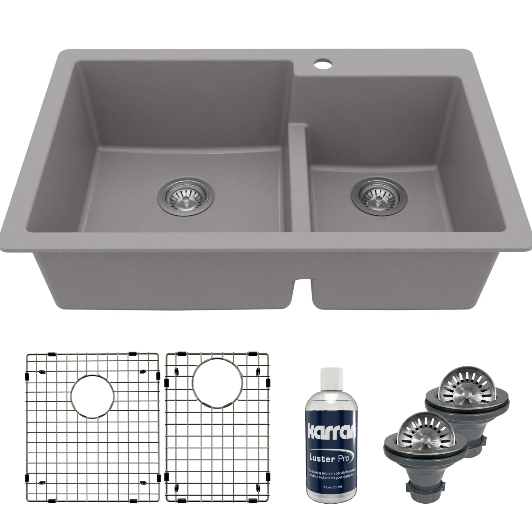 Karran 33" Drop In/Topmount Quartz Composite Kitchen Sink with Accessories, 60/40 Double Bowl, Grey, QT-811-GR-PK1