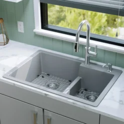 Karran 33" Drop In/Topmount Quartz Composite Kitchen Sink with Accessories, 60/40 Double Bowl, Grey, QT-811-GR-PK1