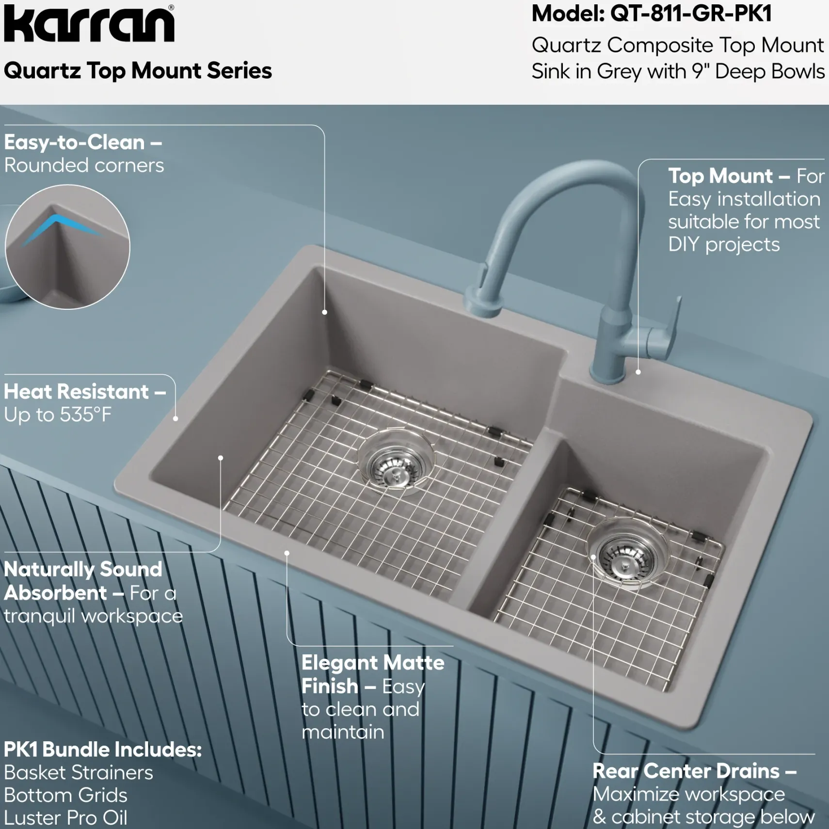 Karran 33" Drop In/Topmount Quartz Composite Kitchen Sink with Accessories, 60/40 Double Bowl, Grey, QT-811-GR-PK1