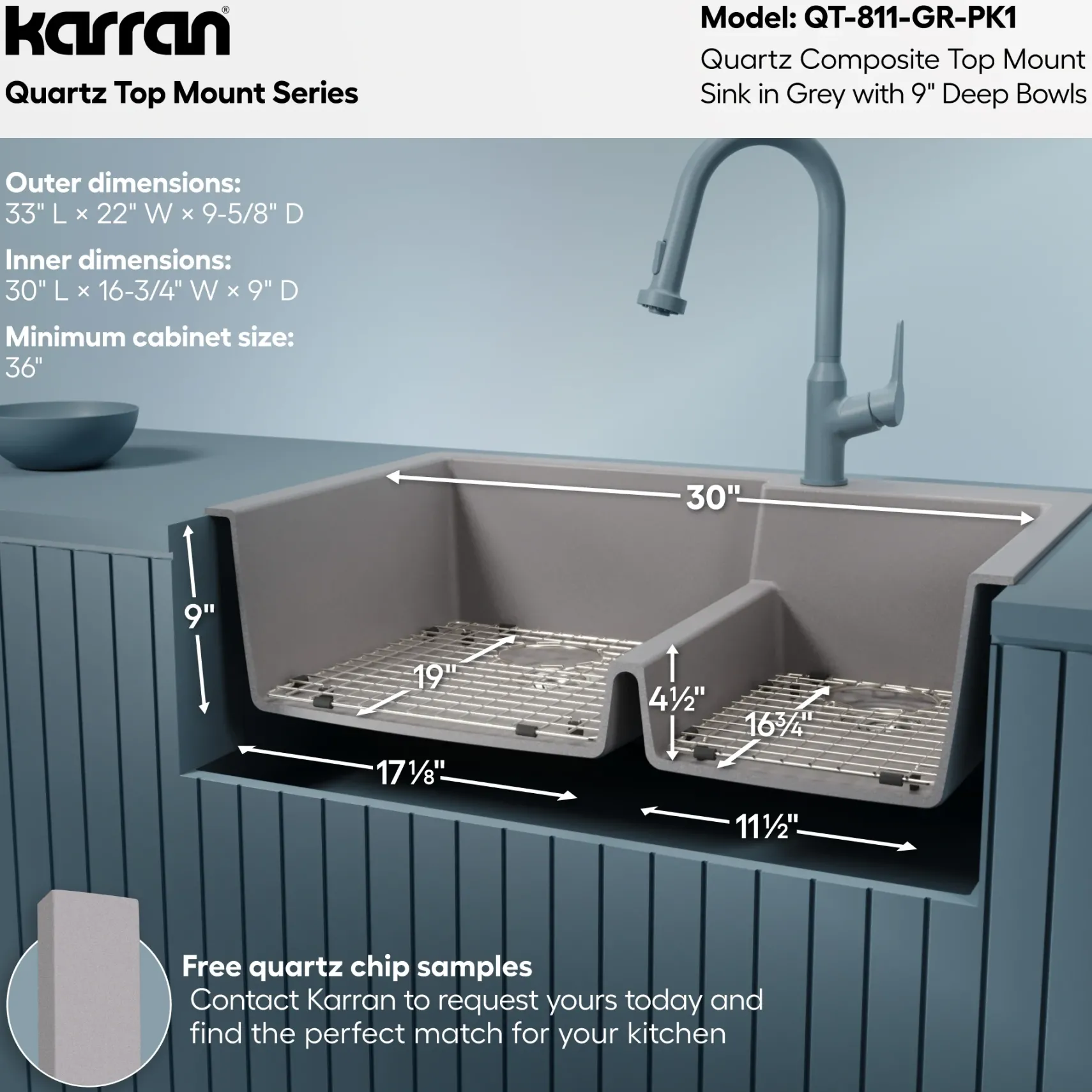 Karran 33" Drop In/Topmount Quartz Composite Kitchen Sink with Accessories, 60/40 Double Bowl, Grey, QT-811-GR-PK1