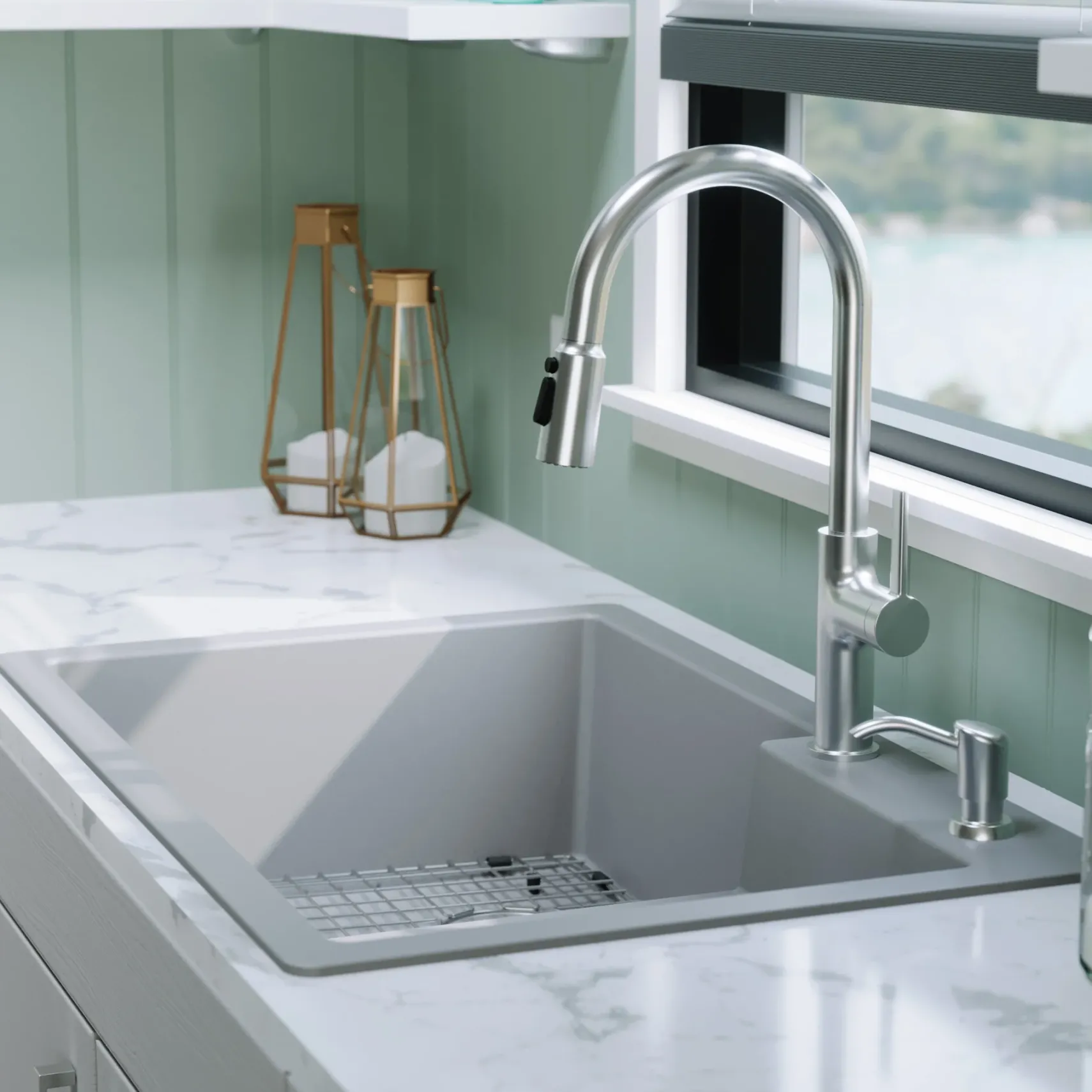 Karran 33" Drop In/Topmount Quartz Composite Kitchen Sink with Accessories, 60/40 Double Bowl, Grey, QT-811-GR-PK1