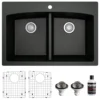 Karran 33" Drop In/Topmount Quartz Composite Kitchen Sink, 50/50 Double Bowl, Black, QT-710-BL-PK1