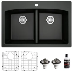 Karran 33" Drop In/Topmount Quartz Composite Kitchen Sink, 50/50 Double Bowl, Black, QT-710-BL-PK1