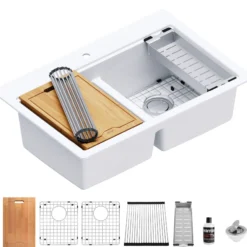 Karran 33" Drop In/Topmount Quartz Composite Kitchen Sink, 50/50 Double Bowl, White, QTWS-880-WH