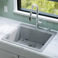 Karran 25" Drop In/Topmount Quartz Composite Kitchen Sink with Accessories, Grey, QT-820-GR-PK1