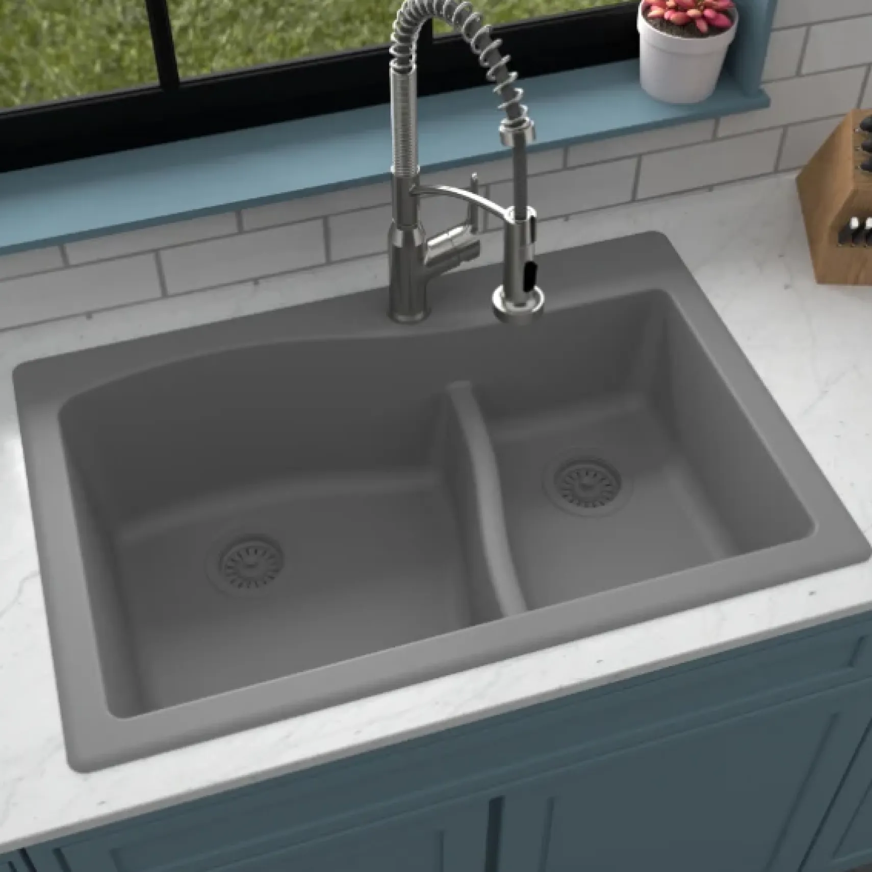 Karran 33" Drop In/Topmount Quartz Composite Kitchen Sink, 60/40 Double Bowl, Grey, QT-630-GR