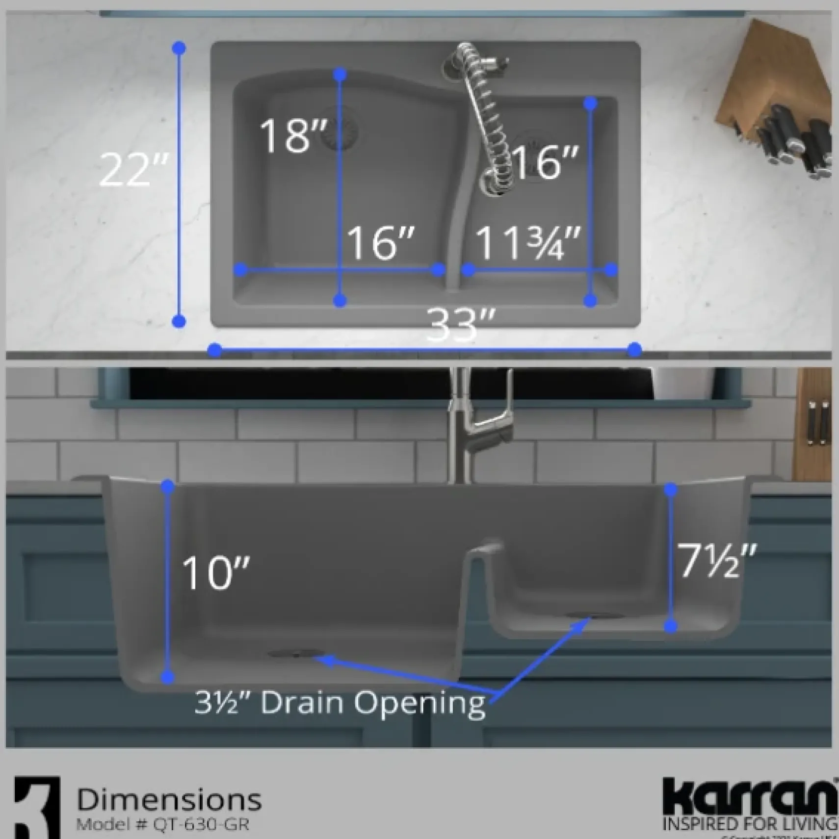 Karran 33" Drop In/Topmount Quartz Composite Kitchen Sink, 60/40 Double Bowl, Grey, QT-630-GR