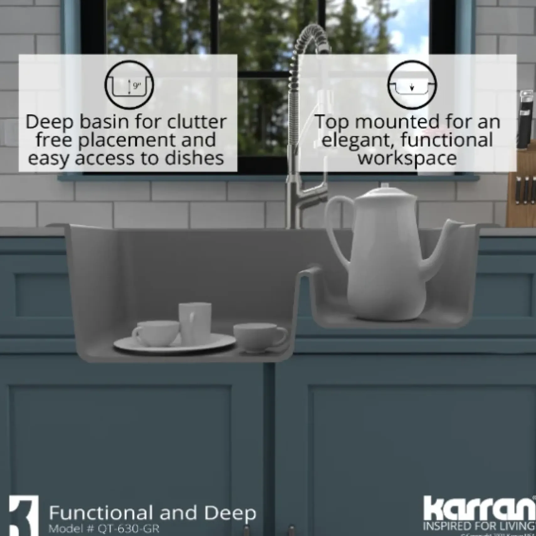 Karran 33" Drop In/Topmount Quartz Composite Kitchen Sink, 60/40 Double Bowl, Grey, QT-630-GR