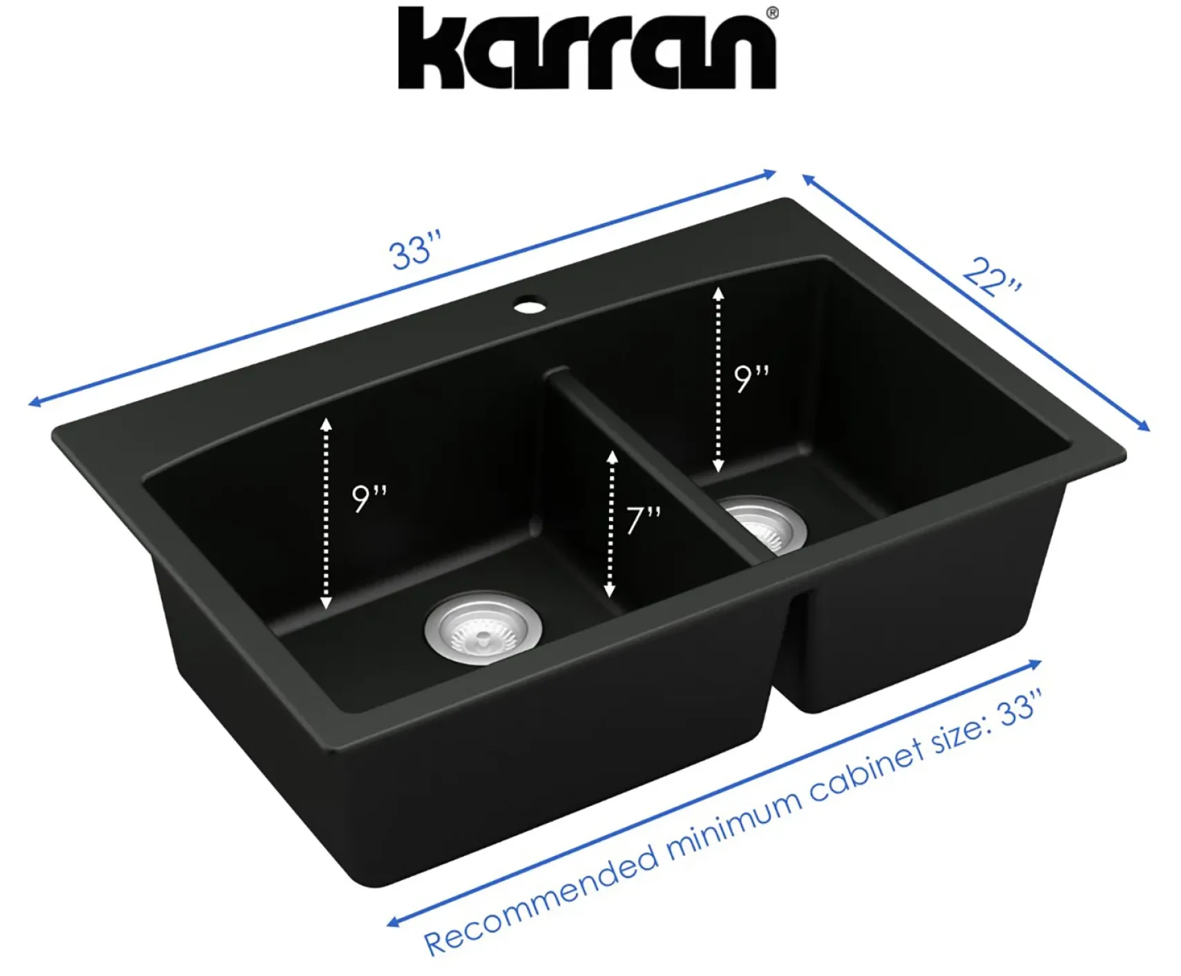 Karran 33" Drop In/Topmount Quartz Composite Kitchen Sink, 60/40 Double Bowl, Black, QT-711-BL