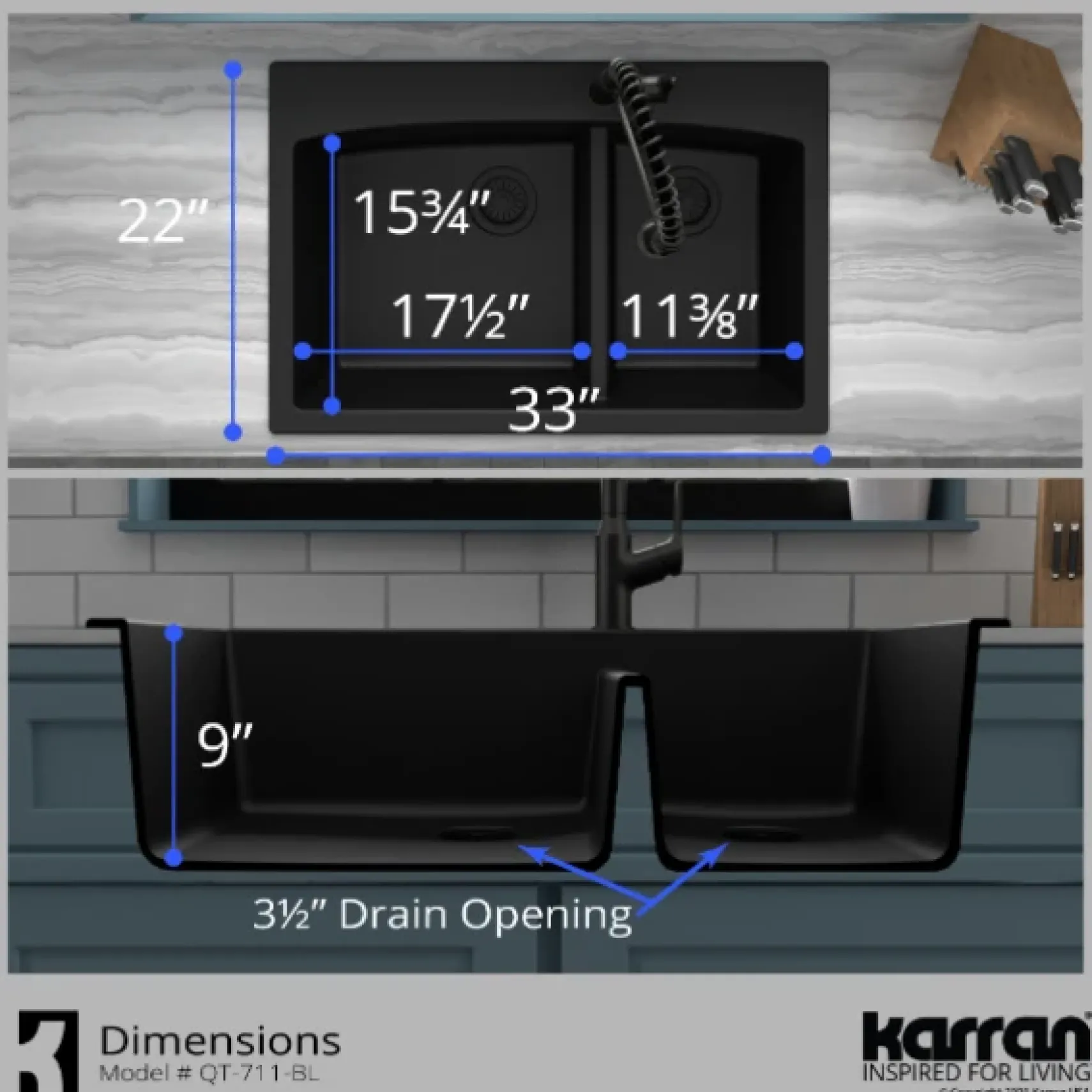 Karran 33" Drop In/Topmount Quartz Composite Kitchen Sink, 60/40 Double Bowl, Black, QT-711-BL