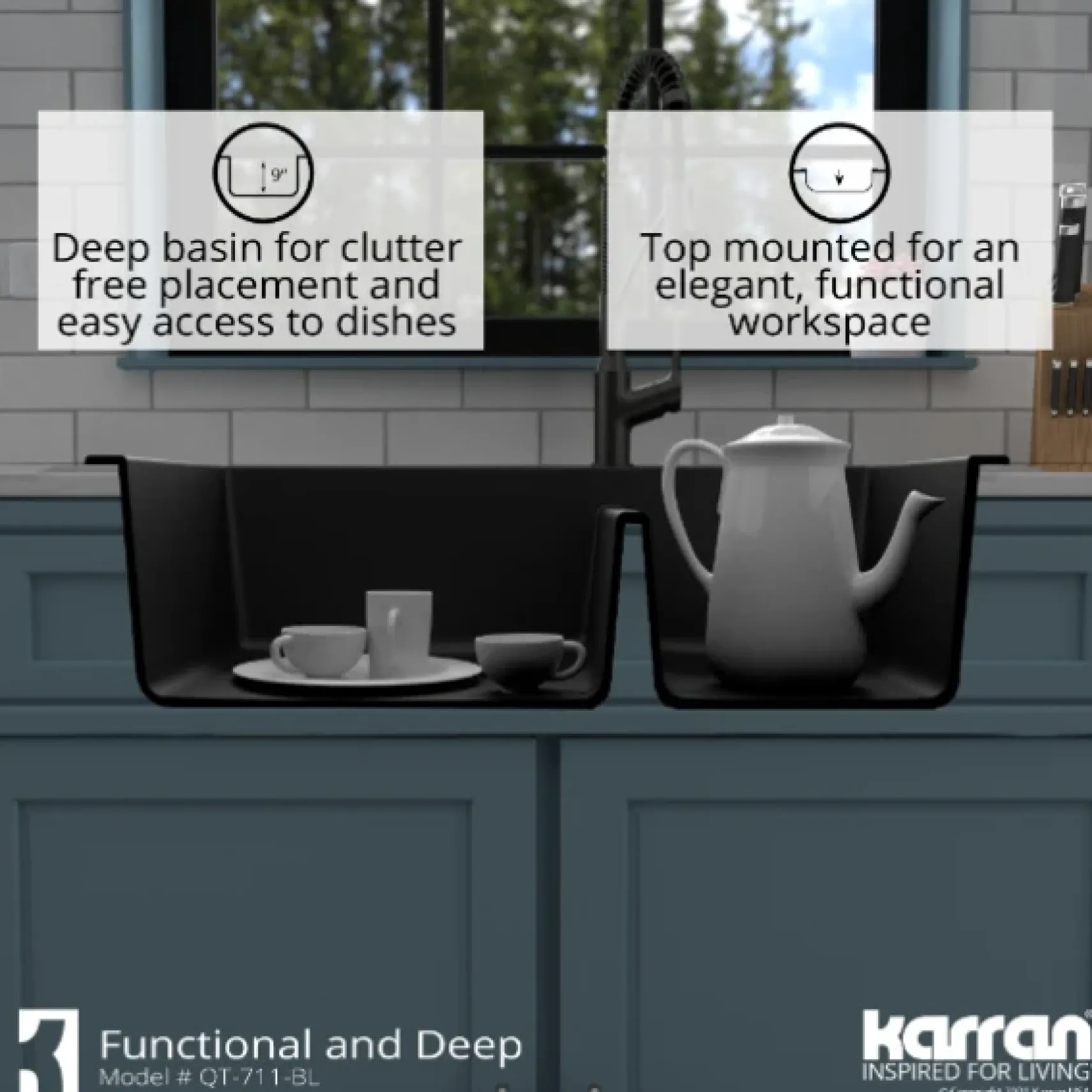 Karran 33" Drop In/Topmount Quartz Composite Kitchen Sink, 60/40 Double Bowl, Black, QT-711-BL