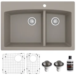 Karran 33" Drop In/Topmount Quartz Composite Kitchen Sink, 60/40 Double Bowl, Concrete, QT-711-CN-PK1