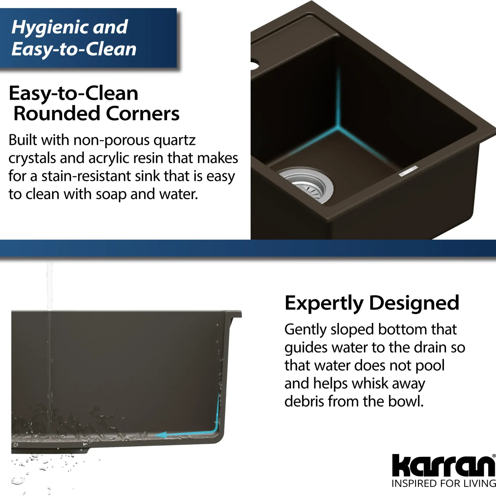 Karran 16" Drop In/Topmount Quartz Composite Kitchen Sink, Brown, QT-825-BR