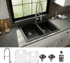Karran 33" Drop In/Topmount Quartz Composite Kitchen Sink with Stainless Steel Faucet and Accessories, 60/40 Double Bowl, Black, QT610BL220SS