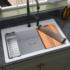 Karran 33" Drop In/Topmount Quartz Composite Workstation Kitchen Sink with Accessories, White, QTWS-875-WH