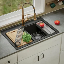 Karran 33" Drop In/Topmount Quartz Composite Kitchen Sink, 50/50 Double Bowl, Black, QTWS-880-BL