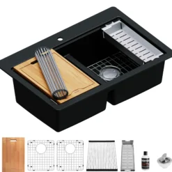 Karran 33" Drop In/Topmount Quartz Composite Kitchen Sink, 50/50 Double Bowl, Black, QTWS-880-BL