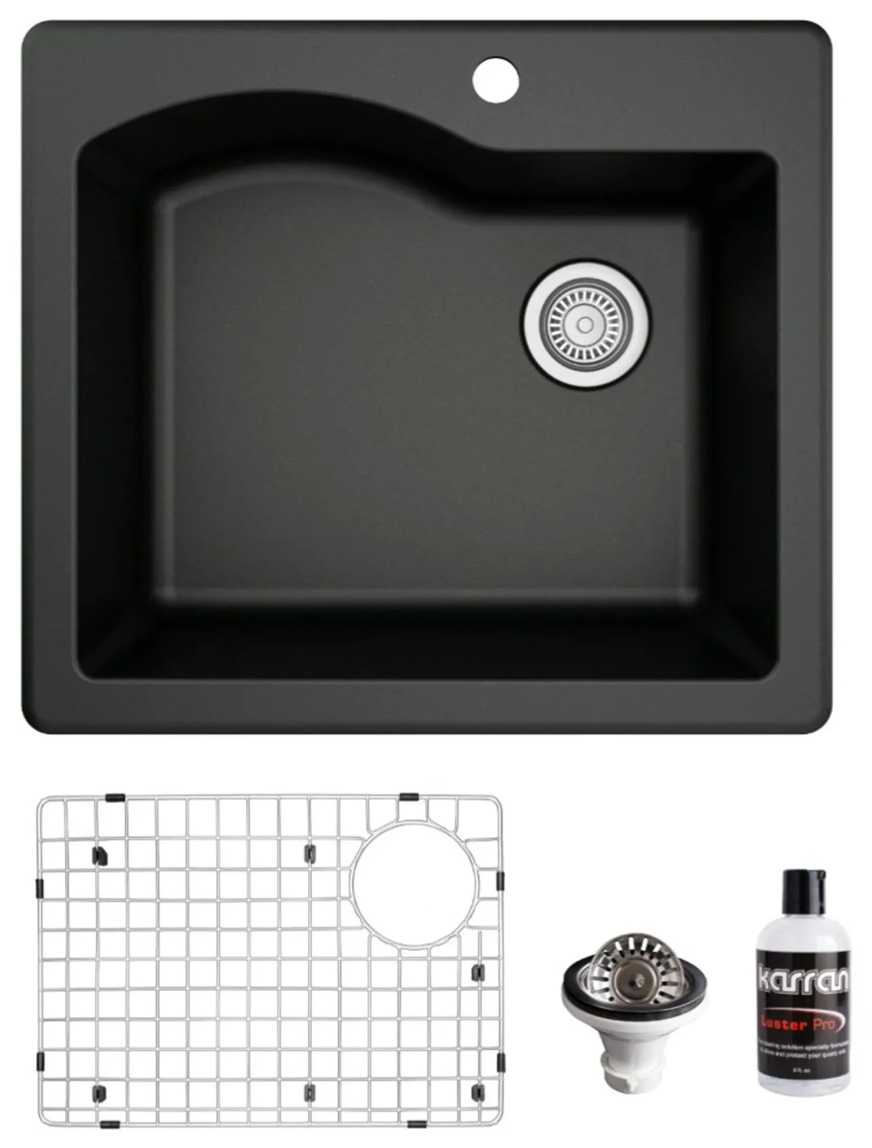 Karran 25" Drop In/Topmount Quartz Composite Kitchen Sink, Black, QT-671-BL-PK1