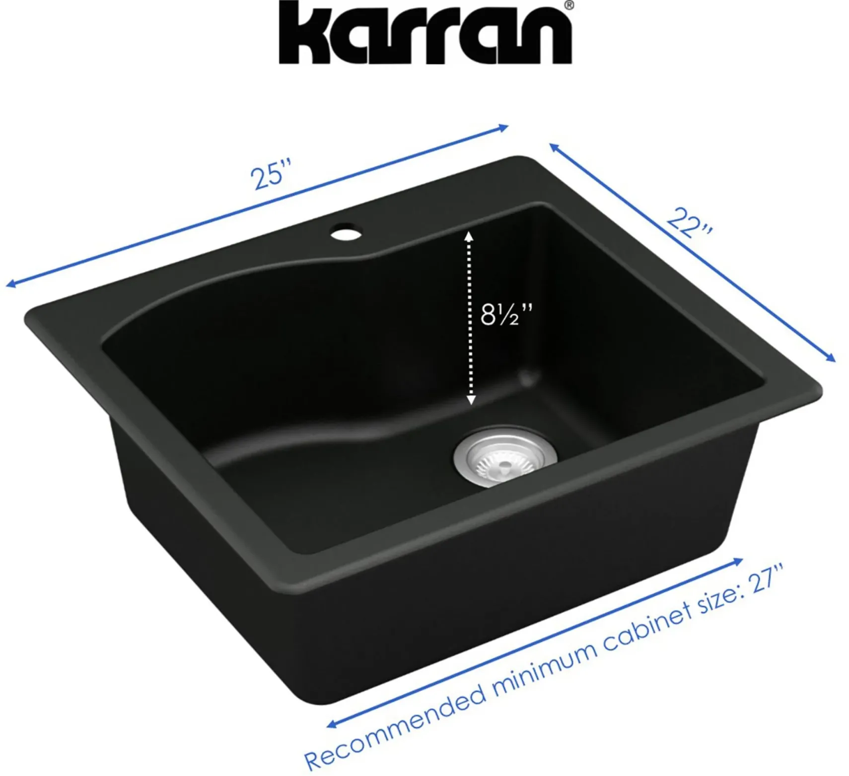 Karran 25" Drop In/Topmount Quartz Composite Kitchen Sink, Black, QT-671-BL-PK1