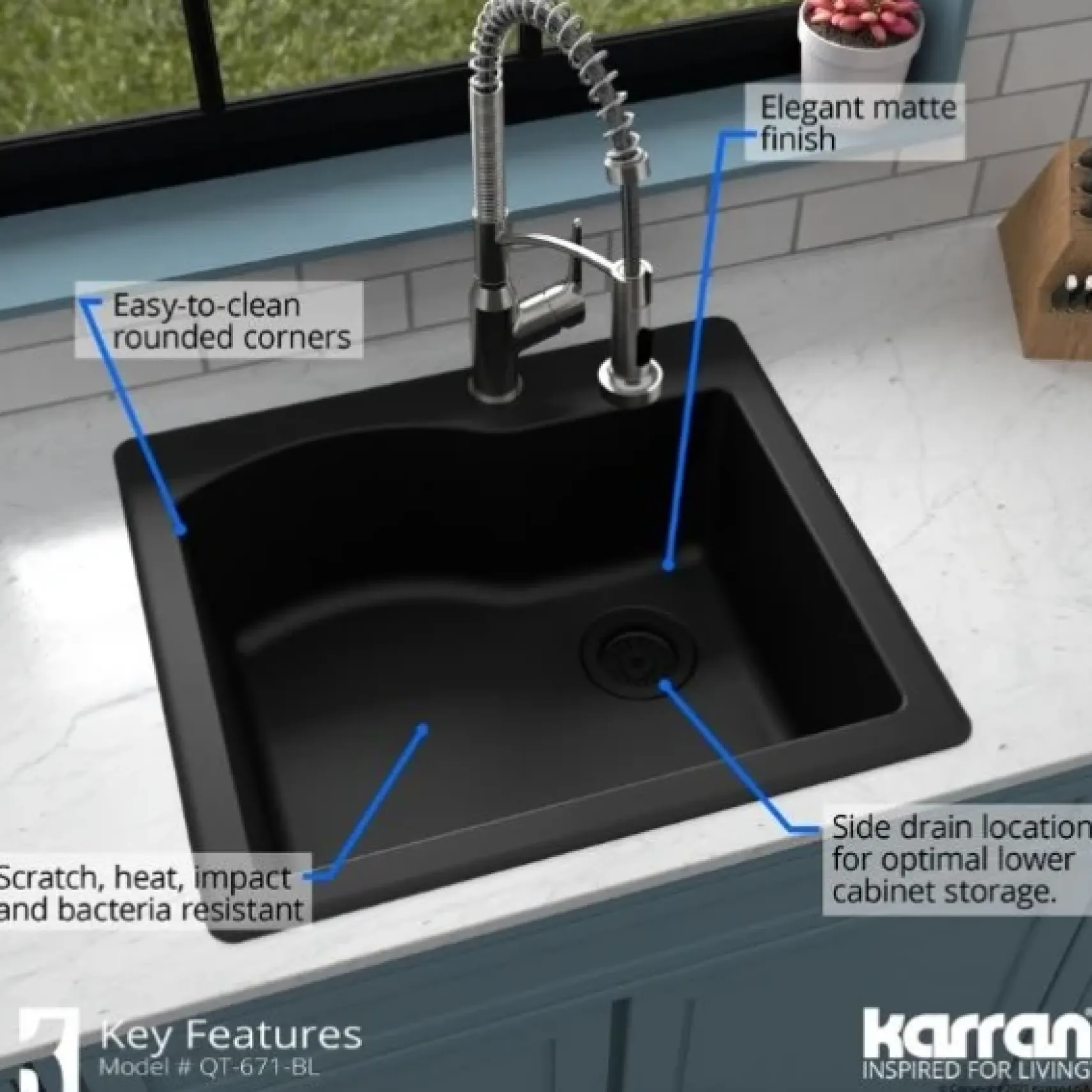 Karran 25" Drop In/Topmount Quartz Composite Kitchen Sink, Black, QT-671-BL-PK1